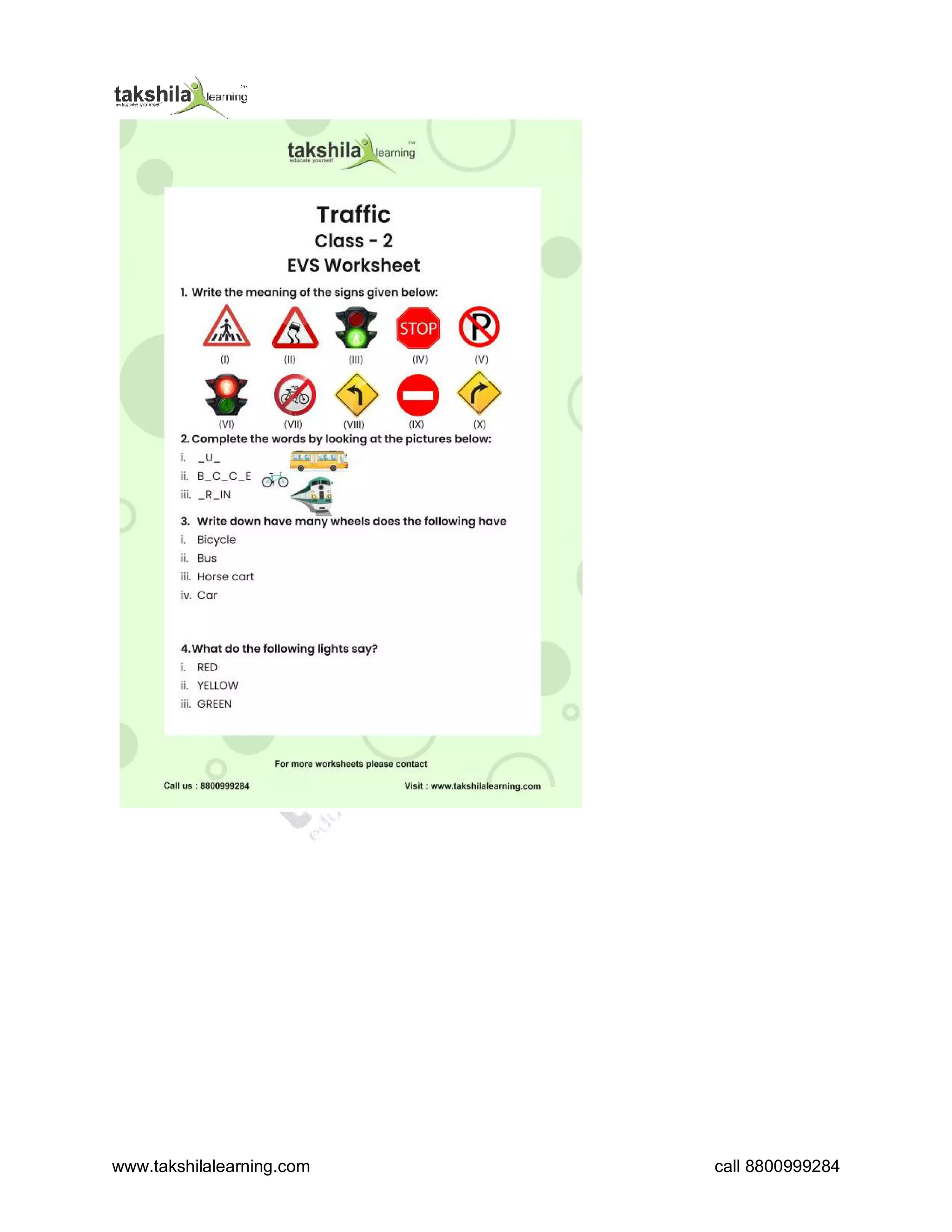 Traffic Signals Practice Worksheet for Class 2 EVS | PDF