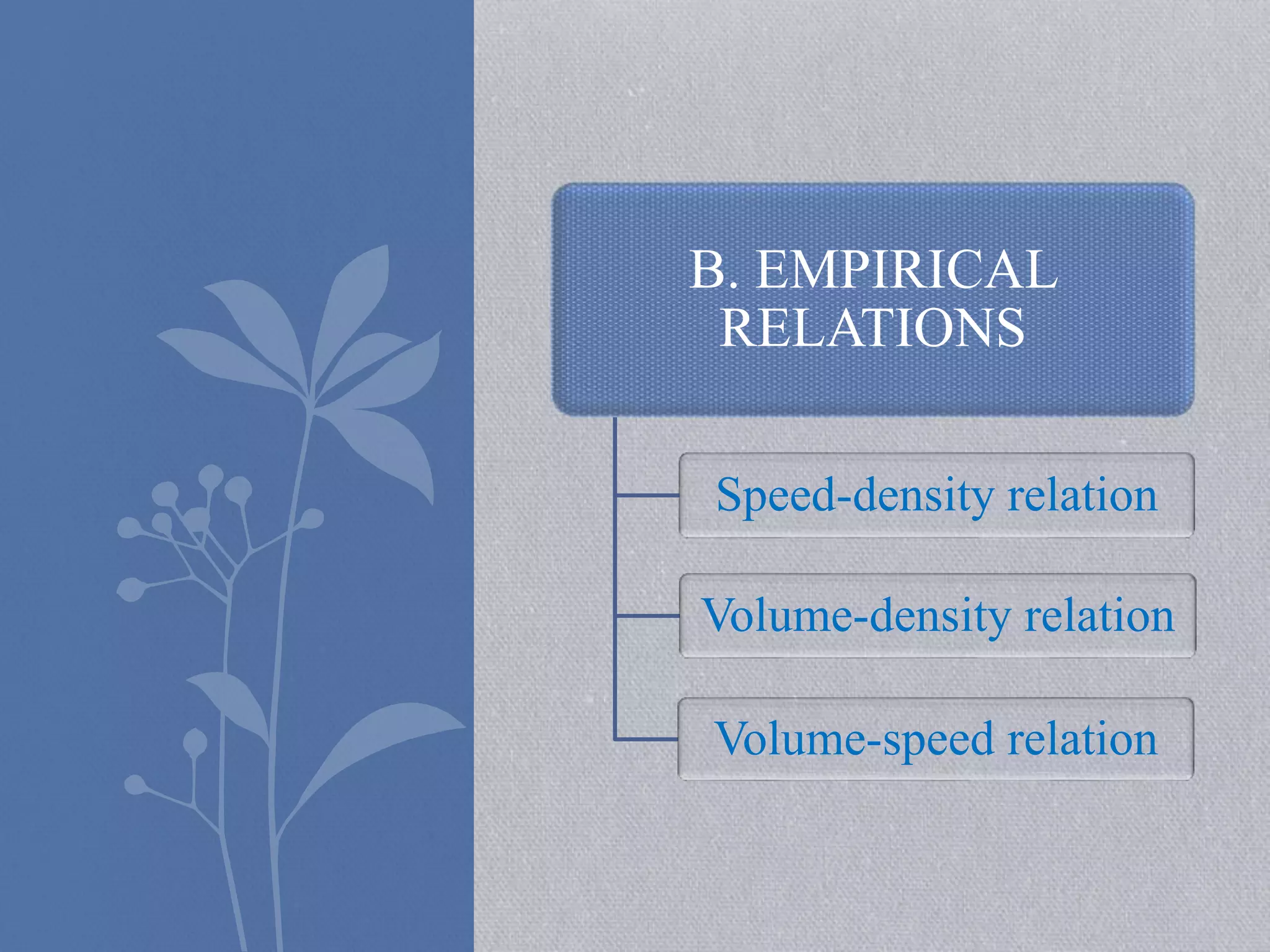 B. EMPIRICAL 
RELATIONS 
Speed-density relation 
Volume-density relation 
Volume-speed relation 
 