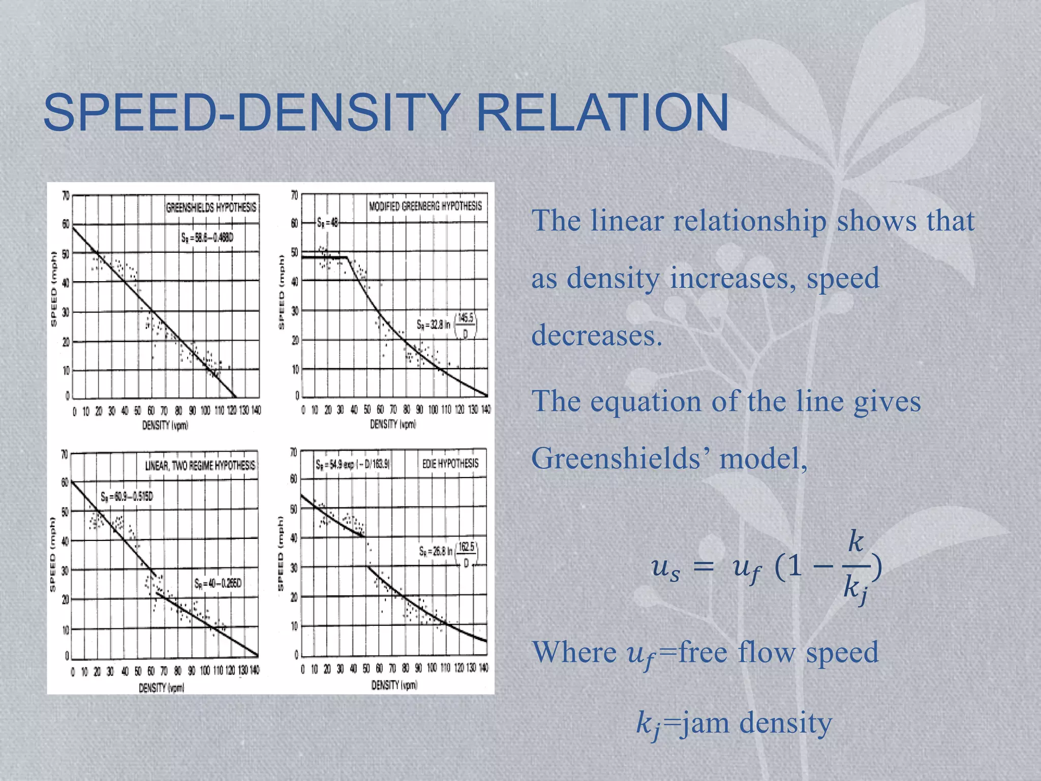 SPEED-DENSITY RELATION 
The linear relationship shows that 
as density increases, speed 
decreases. 
The equation of the line gives 
Greenshields’ model, 
푢푠 = 푢푓 (1 − 
푘 
푘푗 
) 
Where 푢푓=free flow speed 
푘푗=jam density 
 