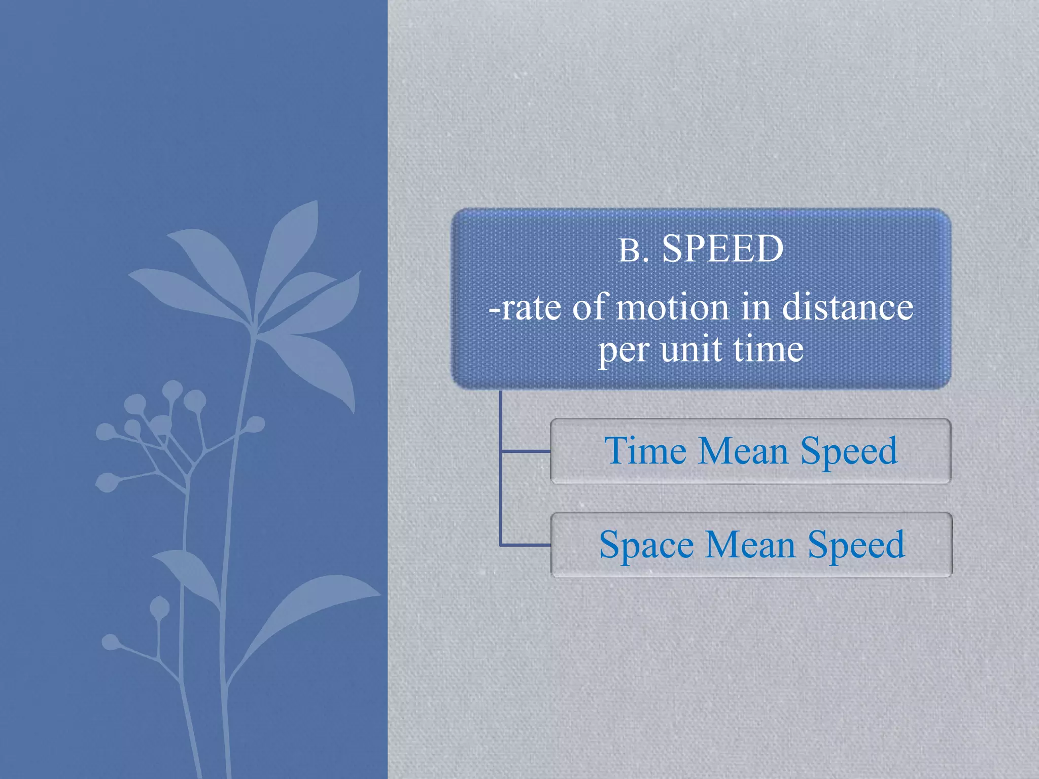 B. SPEED 
-rate of motion in distance 
per unit time 
Time Mean Speed 
Space Mean Speed 
 