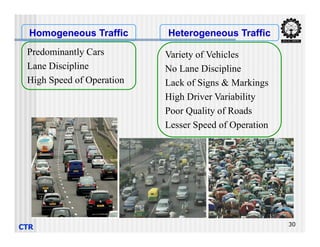 Predominantly Cars
Lane Discipline
High Speed of Operation
Variety of Vehicles
No Lane Discipline
Lack of Signs & Markings
High Driver Variability
Poor Quality of Roads
Lesser Speed of Operation
Homogeneous Traffic Heterogeneous Traffic
CTR 30
Lesser Speed of Operation
 