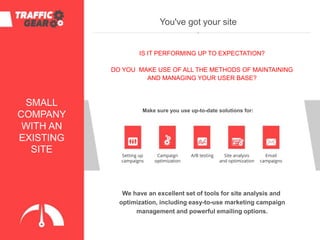 SMALL
COMPANY
WITH AN
EXISTING
SITE Setting up
campaigns
You've got your site
IS IT PERFORMING UP TO EXPECTATION?
DO YOU MAKE USE OF ALL THE METHODS OF MAINTAINING
AND MANAGING YOUR USER BASE?
Make sure you use up-to-date solutions for:
Campaign
optimization
Email
campaigns
We have an excellent set of tools for site analysis and
optimization, including easy-to-use marketing campaign
management and powerful emailing options.
A/B testing Site analysis
and optimization
 
