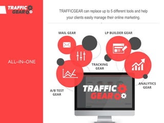 ALL–IN–ONE
TRAFFICGEAR can replace up to 5 different tools and help
your clients easily manage their online marketing.
LP BUILDER GEAR
TRACKING
GEAR
ANALYTICS
GEAR
A/B TEST
GEAR
MAIL GEAR
 