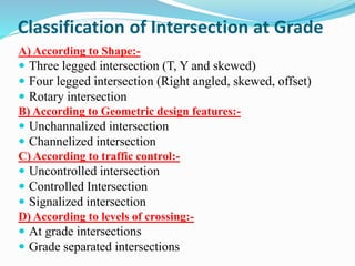 Classification of Intersection at Grade
A) According to Shape:-
 Three legged intersection (T, Y and skewed)
 Four legged intersection (Right angled, skewed, offset)
 Rotary intersection
B) According to Geometric design features:-
 Unchannalized intersection
 Channelized intersection
C) According to traffic control:-
 Uncontrolled intersection
 Controlled Intersection
 Signalized intersection
D) According to levels of crossing:-
 At grade intersections
 Grade separated intersections
 