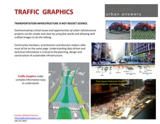 TRAFFIC GRAPHICS
TRANSPORTATION INFRASTRUCTURE IS NOT ROCKET SCIENCE.

Communicating critical issues and opportunities of urban infrastructure
projects can be simple and clear by using few words and allowing well
crafted images to do the talking.

Community members, practitioners and decision makers alike
must all be on the same page. Understanding data driven and
technical information is critical to the planning, design and
construction of sustainable infrastructure.




   Traffic Graphics make
 complex information easy                                              Times Square Pedestrian Project
      to understand.                                                < initial diagram + existing condition >




Contact: Michael Fishman
fishman@urbananswers.com
646 255 9607
 