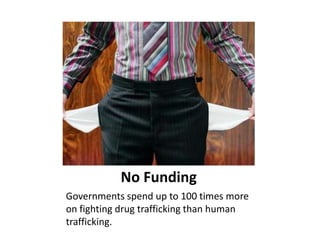 No Funding
Governments spend up to 100 times more
on fighting drug trafficking than human
trafficking.
 