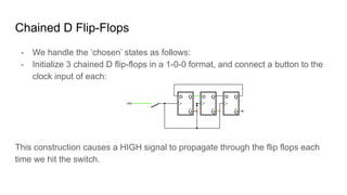 Chained D Flip-Flops
- We handle the ‘chosen’ states as follows:
- Initialize 3 chained D flip-flops in a 1-0-0 format, and connect a button to the
clock input of each:
This construction causes a HIGH signal to propagate through the flip flops each
time we hit the switch.
 