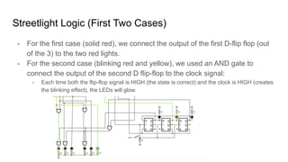 Streetlight Logic (First Two Cases)
- For the first case (solid red), we connect the output of the first D-flip flop (out
of the 3) to the two red lights.
- For the second case (blinking red and yellow), we used an AND gate to
connect the output of the second D flip-flop to the clock signal:
- Each time both the flip-flop signal is HIGH (the state is correct) and the clock is HIGH (creates
the blinking effect), the LEDs will glow.
 