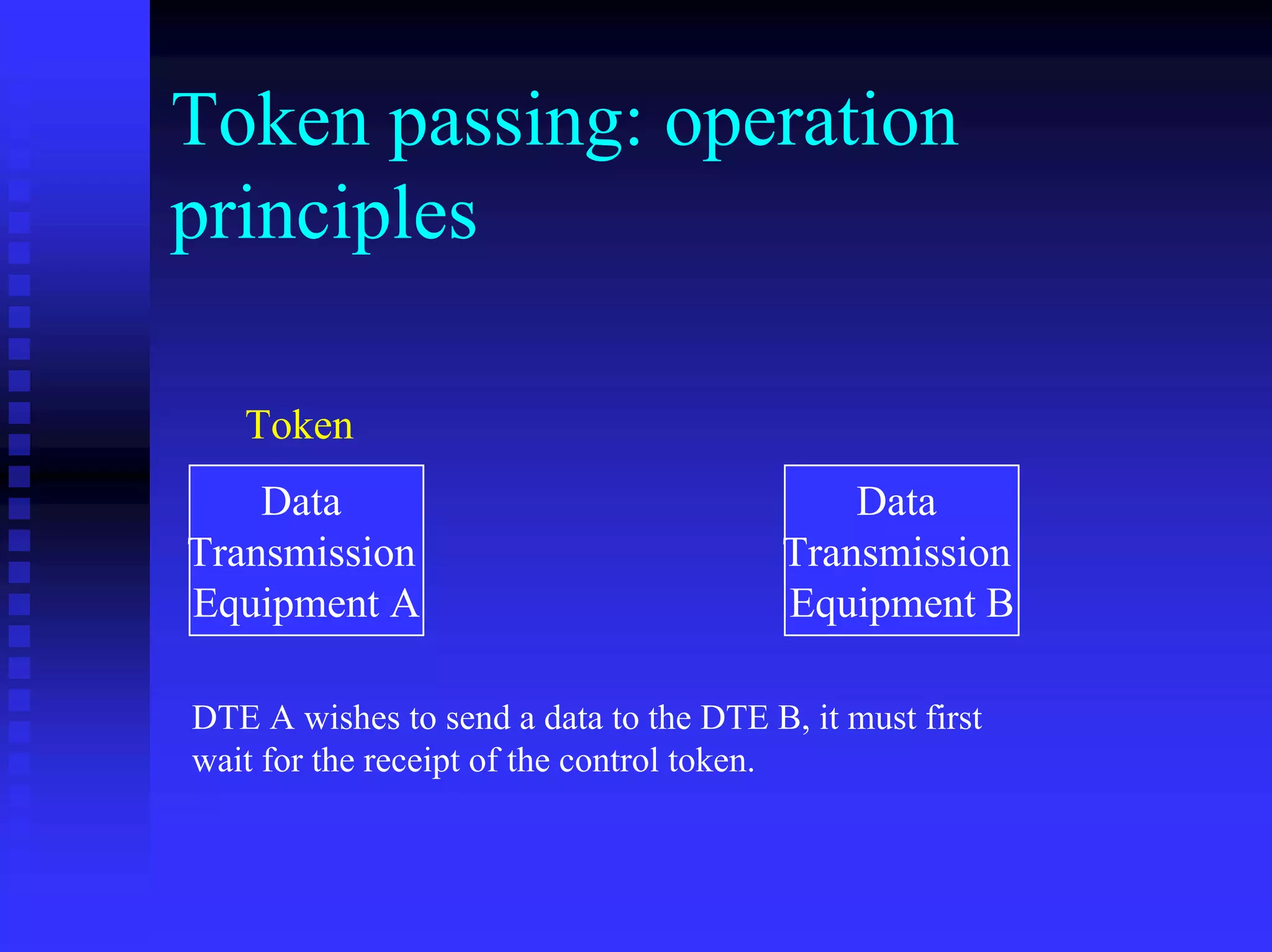 Token passing: operation
principles

   Token
    Data                                     Data
Transmission                             Transmission
Equipment A                              Equipment B

DTE A wishes to send a data to the DTE B, it must first
wait for the receipt of the control token.
 