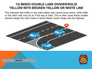 13) MIXED DOUBLE LANE DIVIDER/SOLID
YELLOW WITH BROKEN YELLOW OR WHITE LINE
This indicates that traffic on the solid yellow side cannot cross lanes, while traffic
on the other side may do so if the way is clear. This is often used where smaller
arteries merge into main roads or where feeder roads merge onto the highway.
TRAFFIC
 