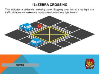 16) ZEBRA CROSSING
This indicates a pedestrian crossing zone. Stopping over this at a red light is a
traffic violation, so make sure to pay attention to those light timers!
TRAFFIC
 