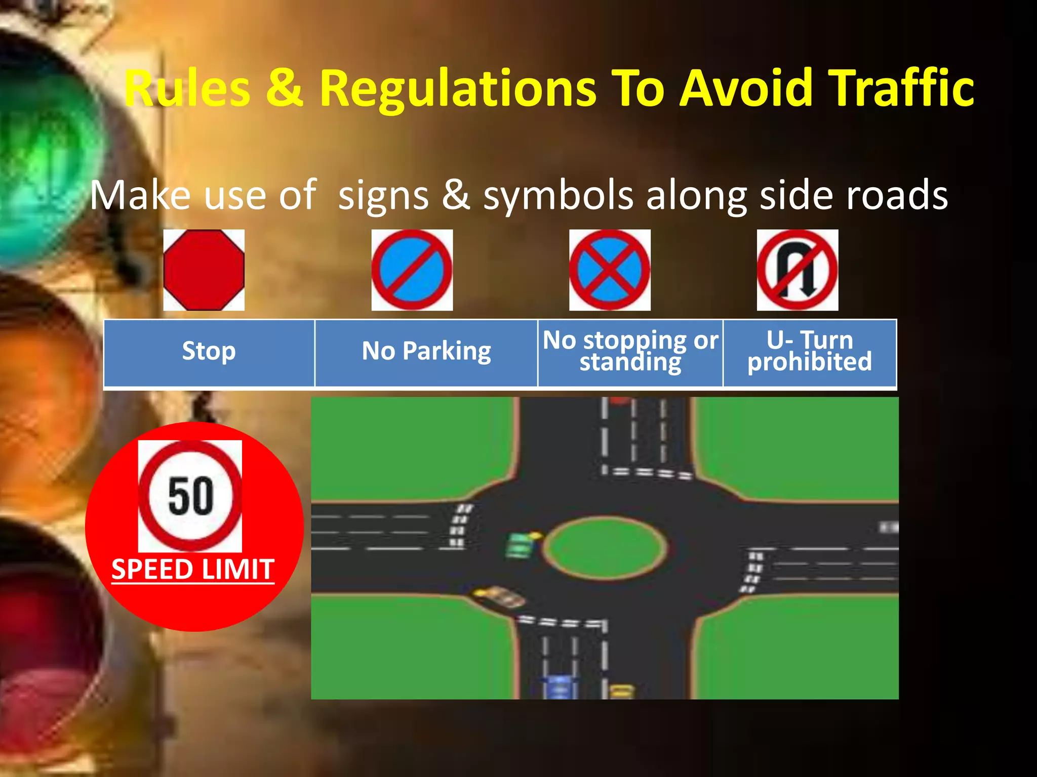 Rules & Regulations To Avoid Traffic
Make use of signs & symbols along side roads
Stop No Parking No stopping or
standing
U- Turn
prohibited
SPEED LIMIT
 