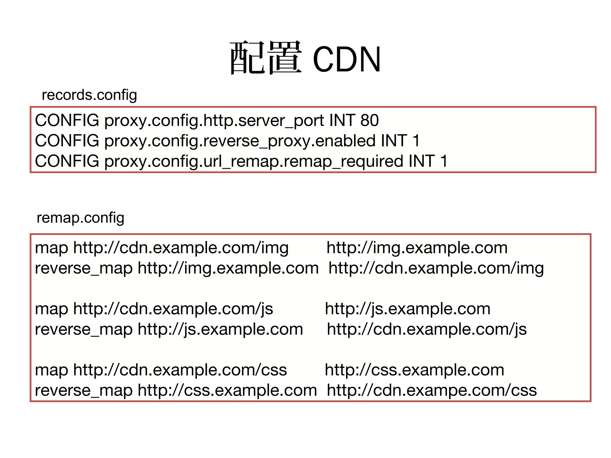 配置 CDN
CONFIG proxy.config.http.server_port INT 80
CONFIG proxy.config.reverse_proxy.enabled INT 1
CONFIG proxy.config.url_remap.remap_required INT 1
map http://cdn.example.com/img http://img.example.com
reverse_map http://img.example.com http://cdn.example.com/img
map http://cdn.example.com/js http://js.example.com
reverse_map http://js.example.com http://cdn.example.com/js
map http://cdn.example.com/css http://css.example.com
reverse_map http://css.example.com http://cdn.exampe.com/css
records.config
remap.config
 