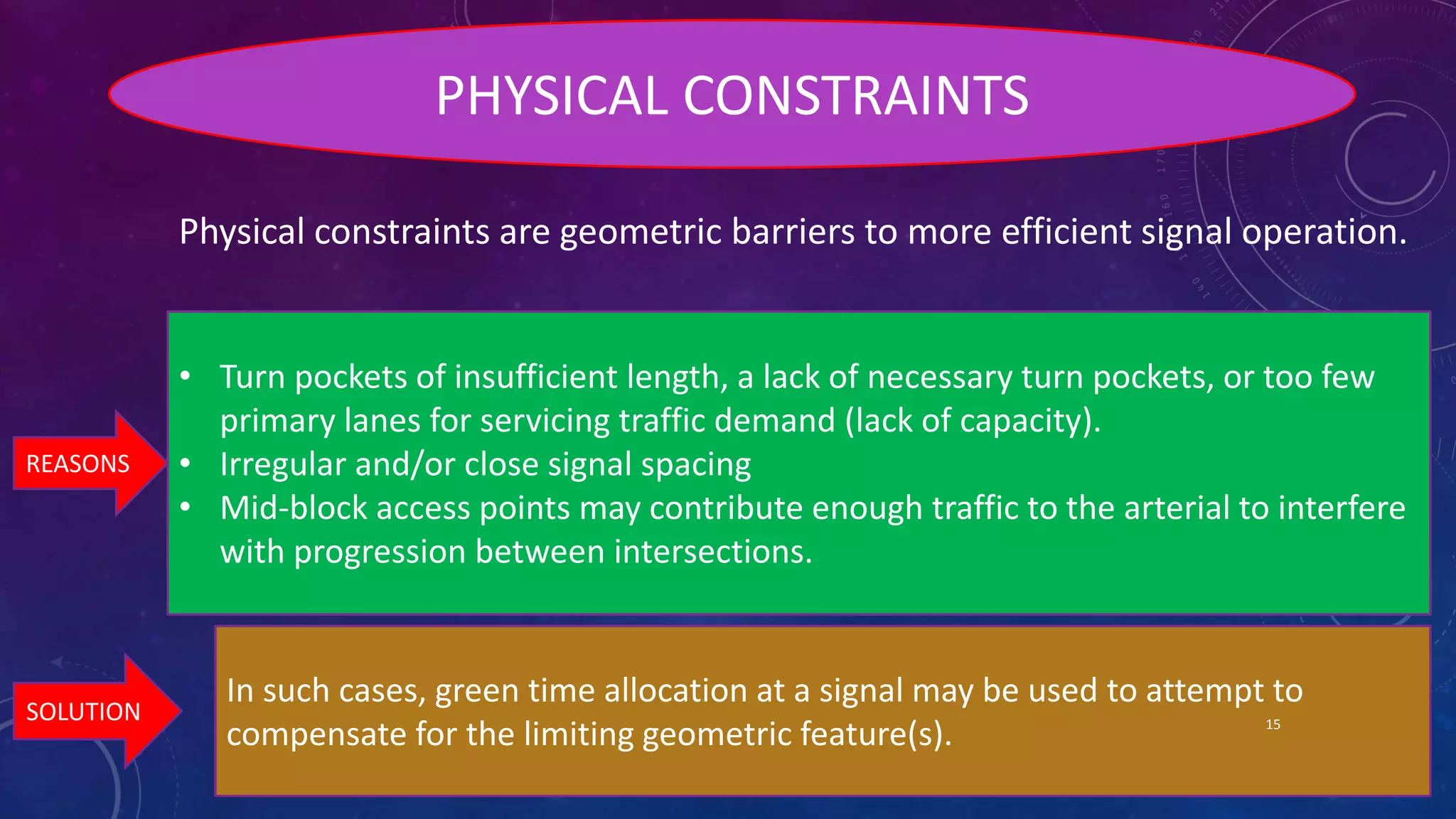 PHYSICAL CONSTRAINTS 
Physical constraints are geometric barriers to more efficient signal operation. 
• Turn pockets of insufficient length, a lack of necessary turn pockets, or too few 
primary lanes for servicing traffic demand (lack of capacity). 
• Irregular and/or close signal spacing 
• Mid-block access points may contribute enough traffic to the arterial to interfere 
with progression between intersections. 
REASONS 
SOLUTION 
In such cases, green time allocation at a signal may be used to attempt to 
compensate for the limiting geometric feature(s). 15 
 