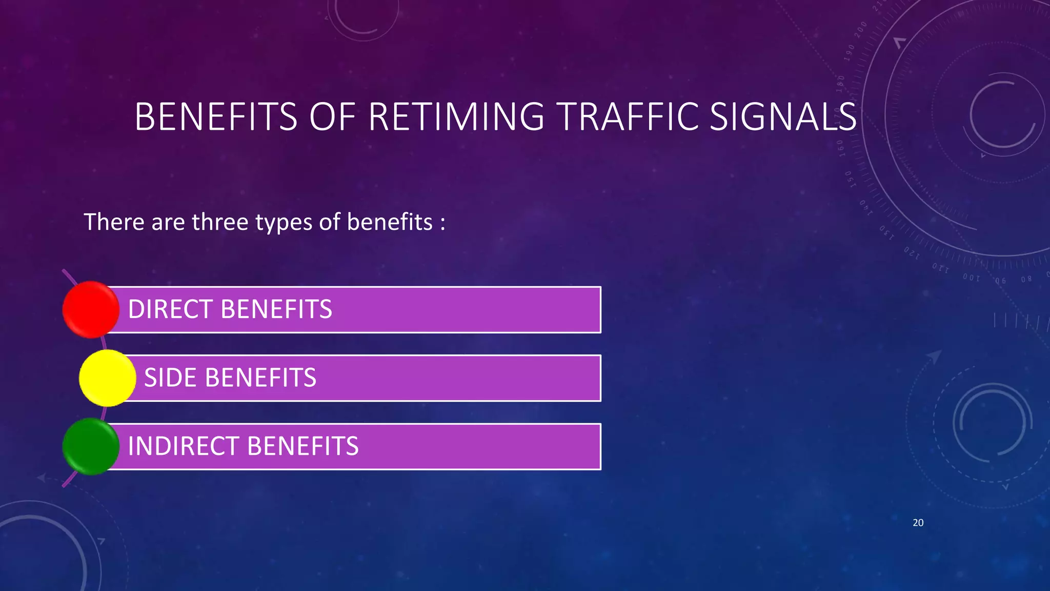 BENEFITS OF RETIMING TRAFFIC SIGNALS 
There are three types of benefits : 
DIRECT BENEFITS 
SIDE BENEFITS 
INDIRECT BENEFITS 
20 
 
