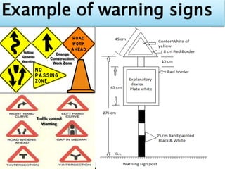 Example of warning signs
Yellow
General
Warning
Orange
Construction/
Work Zone
Traffic control
Warning
 