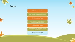 Steps
Definition of problem
Field studies to determine inputs
Development of logic
Development of Computer
Simulation Programme
Calibration of model
Simulation runs covering actual
conditions
Validation of model
 