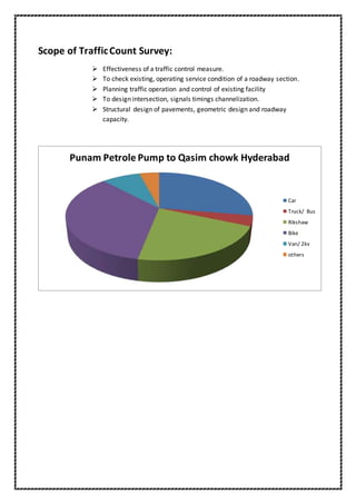 Scope of TrafficCount Survey:
 Effectiveness of a traffic control measure.
 To check existing, operating service condition of a roadway section.
 Planning traffic operation and control of existing facility
 To design intersection, signals timings channelization.
 Structural design of pavements, geometric design and roadway
capacity.
Punam Petrole Pump to Qasim chowk Hyderabad
Car
Truck/ Bus
Rikshaw
Bike
Van/ 2kv
others
 