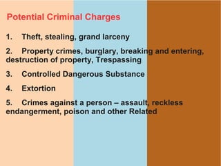 Potential Criminal Charges
1. Theft, stealing, grand larceny
2. Property crimes, burglary, breaking and entering,
destruct...