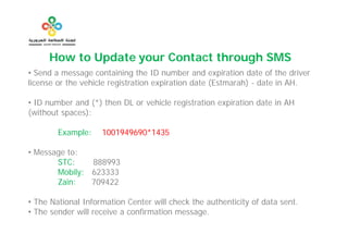How to Update your Contact through SMS
• Send a message containing the ID number and expiration date of the driver
license or the vehicle registration expiration date (Estmarah) - date in AH.

• ID number and (*) then DL or vehicle registration expiration date in AH
(without spaces):

        Example:    1001949690*1435

• Message to:
       STC:    888993
       Mobily: 623333
       Zain:
       Z i     709422

• The National Information Center will check the authenticity of data sent.
• The sender will receive a confirmation message.
 