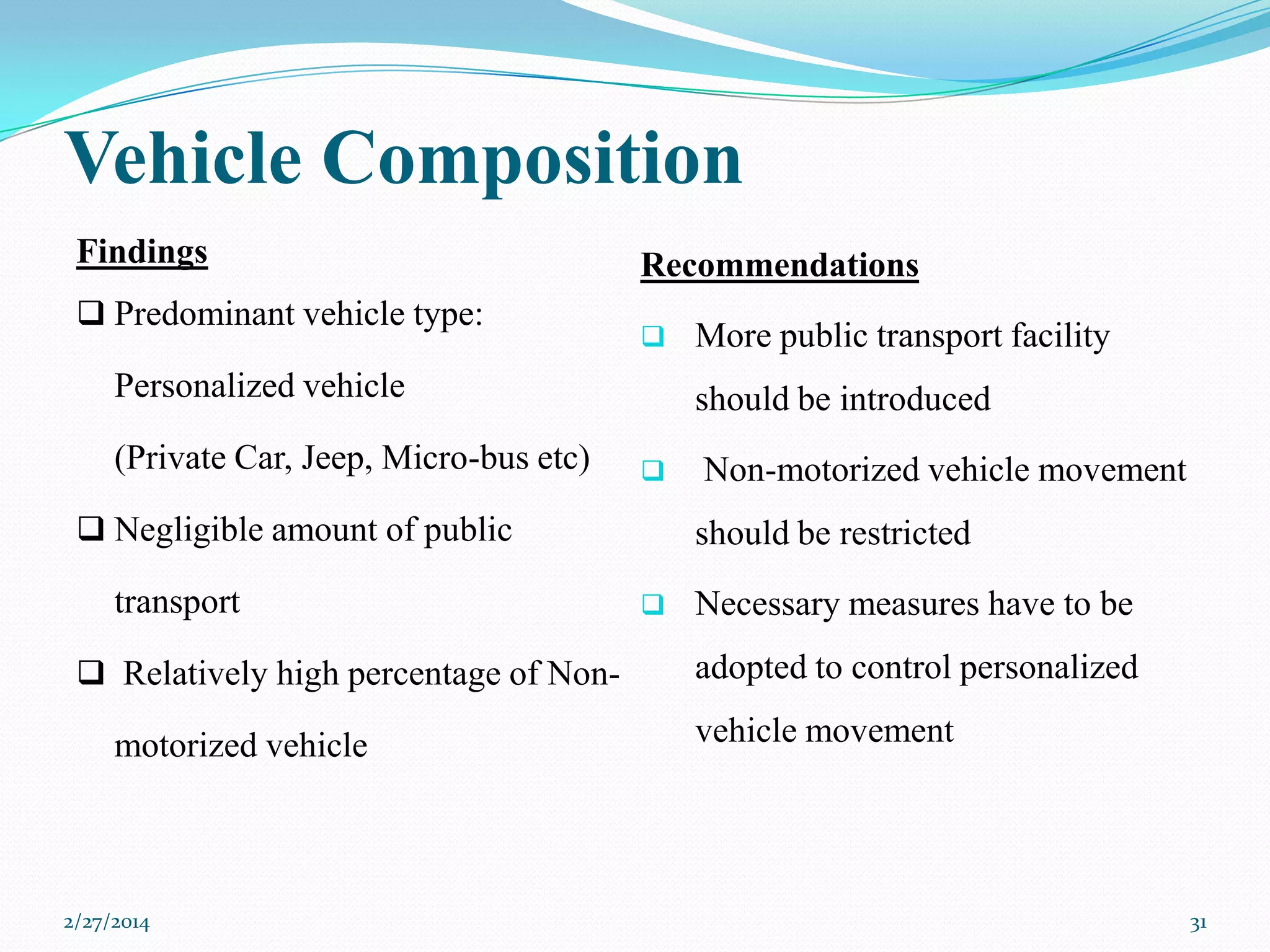 Vehicle Composition
Findings
 Predominant vehicle type:

Recommendations


Personalized vehicle
(Private Car, Jeep, Micro-bus etc)

should be introduced


 Negligible amount of public

transport
 Relatively high percentage of Non-

motorized vehicle

2/27/2014

More public transport facility

Non-motorized vehicle movement
should be restricted



Necessary measures have to be
adopted to control personalized
vehicle movement

31

 