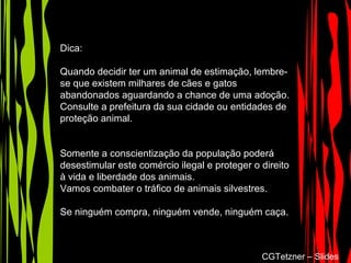 Dica:
Quando decidir ter um animal de estimação, lembre-
se que existem milhares de cães e gatos
abandonados aguardando a chance de uma adoção.
Consulte a prefeitura da sua cidade ou entidades de
proteção animal.
Somente a conscientização da população poderá
desestimular este comércio ilegal e proteger o direito
à vida e liberdade dos animais.
Vamos combater o tráfico de animais silvestres.
Se ninguém compra, ninguém vende, ninguém caça.
CGTetzner – Slides
 