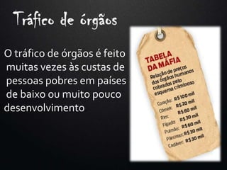 O tráfico de órgãos é feito
muitas vezes às custas de
pessoas pobres em países
de baixo ou muito pouco
desenvolvimento.
 