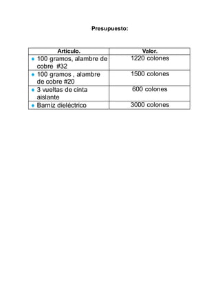 Presupuesto:
Artículo. Valor.
 100 gramos, alambre de
cobre #32
1220 colones
 100 gramos , alambre
de cobre #20
1500 colones
 3 vueltas de cinta
aislante
600 colones
 Barniz dieléctrico 3000 colones
 