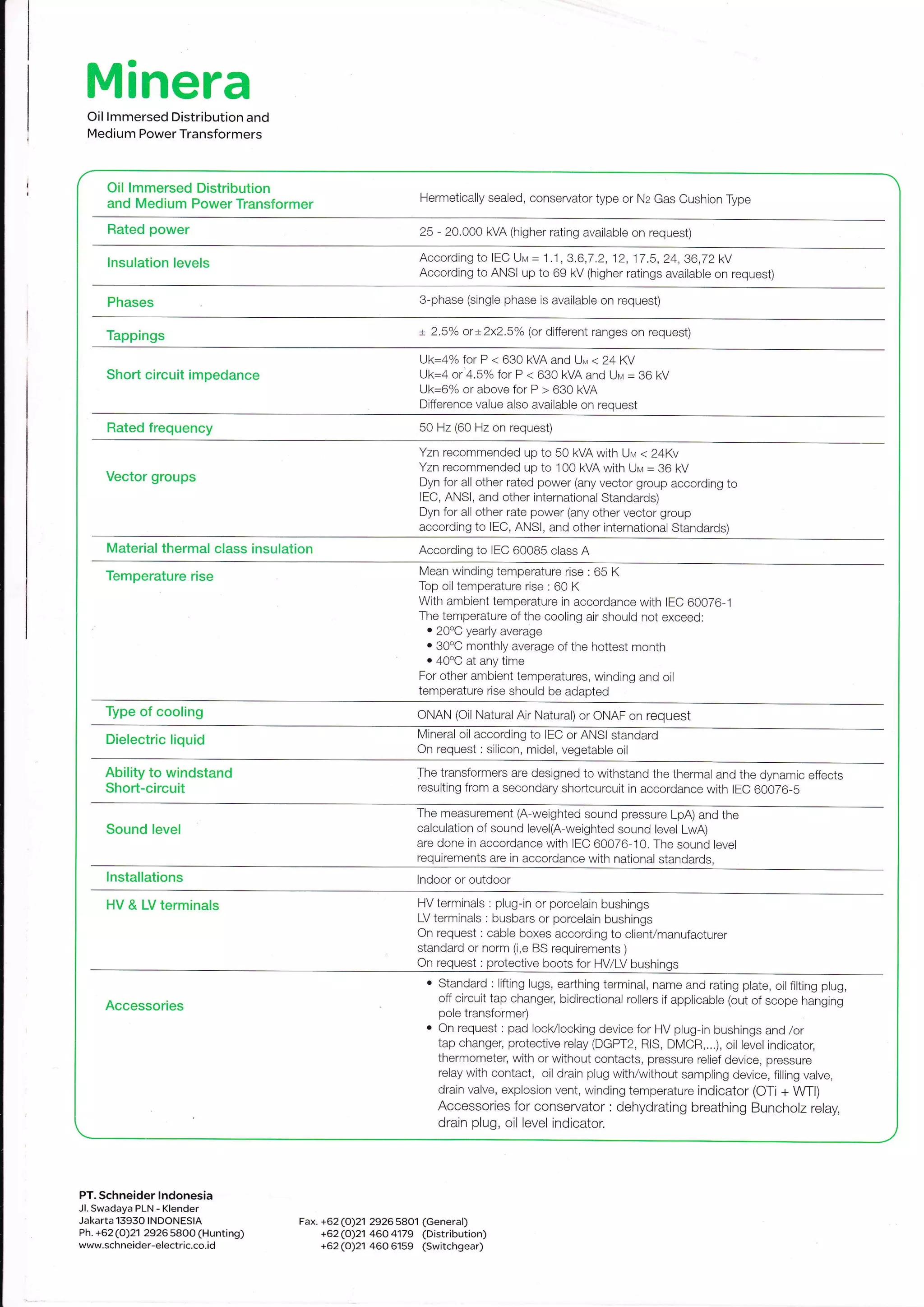 MineraOil lmmersed Distribution and
Medium Power Transformers
Oil lmmersed Distribution
and Medium Power Transformer Hermetically sealed, conservator type or Nz Gas Cushion Type
Rated power 25 - 2O.OOO kVA (higher rating available on request)
lnsulation levels According to IEC Urrr = 1.1 ,3.6,7.2, 12, 17.5,24,36,72kV
According to ANSI up to 69 kV (higher ratings available on request)
Phases 3-phase (single phase is available on request)
Tappings x 2.5/o or + 2x2.5% (or different ranges on request)
Short circuit impedance
Uk=4% Ior P < 630 kVA and Uv < 24 Kt/
tJk=4 or 45% for P < 630 kVA and UHr = 36 kV
Uk-6/. or above for P > 630 kVA
Difference value aiso available on request
Rated frequency 50 Hz (60 Hz on request)
Vector groups
Yzn recommended up to 50 kVA with Ura <24Kv
Yzn recommended up to 100 kVA with Uv = 36 kV
Dyn for all oiher rated power (any vector group according to
lEC, ANSI, and other international Standards)
Dyn for all other rate power (any other vector group
according to lEC, ANSI, and other international Standards)
Material thermal class insulation According to IEC 60085 class A
Temperature rise Mean winding temperature rise : 65 K
Top oil temperature rise : 60 K
With ambient temperature in accordance with IEC 60076-i
The temperature of the cooling air should not exceed:
. 20'C yearly average
o 3OoC monthly average of the hottest month
. 40oC at any time
For other ambient temperatures, winding and oil
temperature rise should be adapted
Type of cooling ONAN (Oil Natural Air Natural) or ONAF on request
Dielectric liquid Mineral oil according to IEC or ANSI standard
On request : silicon, midel, vegetable oil
Ability to windstand
Short-circuit
The transformers are designed to withstand the thermal and the dynamic effects
resulting from a secondary shortcurcuit in accordance with IEC 60076-b
Sound level
The measurement (A-weighted sound pressure LpA) and the
calculation of sound level(A-weighted sound level LwA)
are done in accordance with IEC 60076 10. The sound level
requirements are in accordance with national standards,
lnstallations lndoor or outdoor
HV & LV terminals HV terminals : plug-in or porcelain bushings
LV terminals : busbars or porcelain bushings
On request : cable boxes accord ng to clienVmanufacturer
standard or norm (i,e BS requirements )
On request : protective boots for HV/LV
Accessories
. Standard : lifting lugs, earlhing terminal, name and rating plate, oil filting plug,
off circuit tap changer, bidirectional rollers if applicable (out of scope hanging
pole transformer)
. On request : pad lock/locking device for HV plug-in bushings and /or
tap changer, protective relay (DGPT2, RlS, DMCR,...), oil level indicator,
thermometer, with or without contacts, pressure relief device, pressure
relay with contact, oil drain plug with/without sampling device, filling valve,
drain valve, explosion vent, winding temperature indicator (OTi + WTI)
Accessories for conservator : dehydrating breathing Buncholz relay,
drain plug, oil level indicator.
PT. Schneider lndonesia
Jl. Swadaya PLN - Klender
Jakarra l3930 INDONEStA
Ph. +62(O)21 2926 58OO (Hunting)
www.schneider-electric.co.id
Fax. +62 (O)21 29265401 (General)
+62 (O)21 460 4179 (Distribution)
+62 (O)21 460 6159 (Switchgear)
 