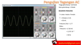 Tinggi gelombang = 6,8 Kotak
lebar gelombang = 4 Kotak
BESARNYA FREKUENSI
T= Lebar Kotak x Timediv
T = 4 Kotak x 5 mS
= 20 mS
Frekuensi (Hz) = 1 / T
Maka :
Frekuansi = 1/ 20 mS
= 50 Hz
= 1/ 20 .10 -3
dedismk4@gmail.com
 