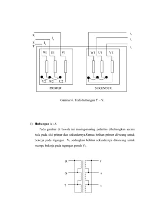 IW
 R
                 IS                                                       IU
 S         IT
 T                                                                        IV

           W1   U1       V1                  W1    U1      V1




          V2    W2    U2

                PRIMER                          SEKUNDER


                       Gambar 6. Trafo hubungan Y – Y.




4) Hubungan ∆ - ∆
        Pada gambar di bawah ini masing-masing polaritas dihubungkan secara
     baik pada sisi primer dan sekundernya.Semua belitan primer dirncang untuk
     bekerja pada tegangan V1 sedangkan belitan sekundernya dirancang untuk
     mampu bekerja pada tegangan penuh V2.




                           R                        r


                           S                         s


                           T                         t
 