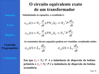 Page  24
Sumário
Tema
Objetivo
Conteúdo
Programático
Conclusões
O circuito equivalente exato
de um transformador
Substituindo as equações, o resultado é:
As constantes dessas equações podem ser reunidas, resultando então:
Em que LP = NP
2
P é a indutância de dispersão da bobina
primária e LS = NS
2
P é a indutância de dispersão da bobina
secundária.
dt
di
PNiPN
dt
d
Nte P
PPPPLP
2
)()( ==
dt
di
PNiPN
dt
d
Nte S
SSSSLS
2
)()( ==
dt
di
Lte P
PLP =)(
dt
di
Lte S
SLS =)(
 