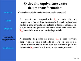 Page  25
Sumário
Tema
Objetivo
Conteúdo
Programático
Conclusões
O circuito equivalente exato
de um transformador
Como são modelados os efeitos da excitação no núcleo?
A corrente de magnetização im é uma corrente
proporcional (na região não saturada) à tensâo aplicada ao
núcleo e está atrasada em relação à tensão aplicada em
90°, de modo que pode ser modelada como uma reactãncia
Xm conectada à fonte de tensão do primário.
 
A corrente de perdas no núcleo ih+e é uma corrente
proporcional à tensão aplicada que está em fase com a
tensão aplicada. Desse modo pode ser modelada por uma
resistencia RC conectada á fonte de tensão do primário.
 