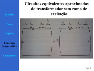 Page  29
Sumário
Tema
Objetivo
Conteúdo
Programático
Conclusões
Circuitos equivalentes aproximados
do transformador sem ramo de
excitação
 