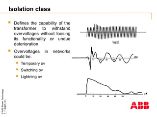©
ABB
Power
Technology
1_114Q07-
37
-
Isolation class
 Defines the capability of the
transformer to withstand
overvoltages without loosing
its functionality or undue
deterioration
 Overvoltages in networks
could be:
 Temporary ov
 Switching ov
 Lightning ov
 