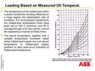©
ABB
Power
Technology
1_114Q07-
46
-
Loading Based on Measured Oil Temperat.
 The temperature of the hottest-spot within
a power transformer winding influences to
a large degree the deterioration rate of
insulation. For oil-immersed transformers
the hottest-spot temperature limits have
been set at 105 C maximum and 95 C
average through a 24 hour period; normal
life expectancy is based on these limits.
 The top-oil temperature, together with a
suitable temperature increment called
either hottest-spot copper rise over top-oil
temperature or hottest-spot copper
gradient, is often used as an indication of
hottest-spot temperature.
 