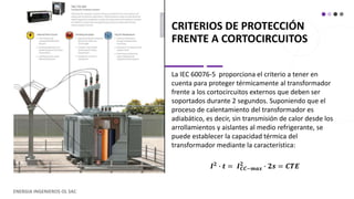 CRITERIOS DE PROTECCIÓN
FRENTE A CORTOCIRCUITOS
La IEC 60076-5 proporciona el criterio a tener en
cuenta para proteger térmicamente al transformador
frente a los cortocircuitos externos que deben ser
soportados durante 2 segundos. Suponiendo que el
proceso de calentamiento del transformador es
adiabático, es decir, sin transmisión de calor desde los
arrollamientos y aislantes al medio refrigerante, se
puede establecer la capacidad térmica del
transformador mediante la característica:
𝑰𝟐 ∙ 𝒕 = 𝑰𝑪𝑪−𝒎𝒂𝒙
𝟐
∙ 𝟐𝒔 = 𝑪𝑻𝑬
ENERGIA INGENIEROS OL SAC
 