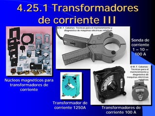 4.25.1 Transformadores
de corriente III
4.25.1 Transformadores4.25.1 Transformadores
de corriente IIIde corriente III
Núcleos magnéticos paraNúcleos magnéticos para
transformadores detransformadores de
corrientecorriente
Sonda deSonda de
corrientecorriente
11 –– 1010 ––
100 A100 A
Transformador deTransformador de
corriente 1250Acorriente 1250A
 M. F.M. F. CabanasCabanas: T: Téécnicas para el mantenimiento ycnicas para el mantenimiento y
diagndiagnóóstico de mstico de mááquinas elquinas elééctricas rotativasctricas rotativas
Transformadores deTransformadores de
corriente 100 Acorriente 100 A
 M. F.M. F. CabanasCabanas::
TTéécnicas para elcnicas para el
mantenimiento ymantenimiento y
diagndiagnóóstico destico de
mmááquinas elquinas elééctricasctricas
rotativasrotativas
 