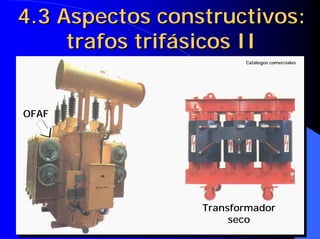 4.3 Aspectos constructivos:
trafos trifásicos II
4.3 Aspectos constructivos:4.3 Aspectos constructivos:
trafostrafos trifásicos IItrifásicos II
Transformador
seco
OFAF
CatCatáálogos comercialeslogos comerciales
 