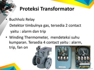 Proteksi Transformator
• Buchholz Relay
Detektor timbulnya gas, tersedia 2 contact
yaitu : alarm dan trip
• Winding Thermometer, mendeteksi suhu
kumparan. Tersedia 4 contact yaitu : alarm,
trip, fan on
 