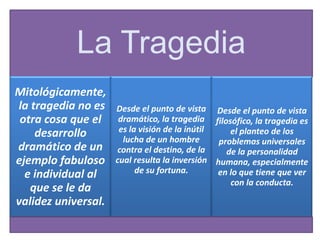 La Tragedia
Mitológicamente,
la tragedia no es    Desde el punto de vista Desde el punto de vista
 otra cosa que el     dramático, la tragedia filosófico, la tragedia es
    desarrollo        es la visión de la inútil    el planteo de los
                       lucha de un hombre       problemas universales
dramático de un      contra el destino, de la     de la personalidad
ejemplo fabuloso     cual resulta la inversión humana, especialmente
  e individual al          de su fortuna.       en lo que tiene que ver
                                                   con la conducta.
   que se le da
validez universal.
 