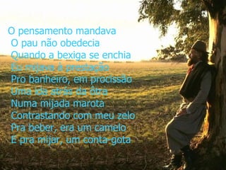 O pensamento mandava  O pau não obedecia  Quando a bexiga se enchia  Eu mijava à prestação  Pro banheiro, em procissão  Uma ida atrás da ôtra  Numa mijada marota  Contrastando com meu zelo  Pra beber, era um camelo  E pra mijar, um conta-gota 