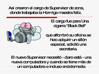 Así crearon el cargo de Supervisor de zona, donde trabajaba la  H ormiga maestra fel í z.  El cargo fue para Una cigarra "Black Bell" El nuevo Supervisor necesitó - claro está - una nueva computadora y cuando se tiene más de un computadora e incluso enciclomedia que alfombró su oficina  s e hizo adquirir un sillón especial, solicitó una secretaria. 