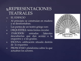 REPRESENTACIONES
TEATRALES
A) EL EDIFICIO
• Al principio se construían en madera
y se desmontaban.
• Las partes de un teatro griego son:
 ORQUESTRA: tenía forma circular.
 PÁRODOS: entradas laterales
descubiertas que dan acceso a la
orquestra y a las gradas.
 ESCENA: edificación situada destrás
de la orquestra
 PROSCENIO: plataforma sobre la que
actuaban los actores.
 