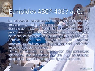 del teatro de
La innovación absoluta
embargo, se halla en el realismo con el
dramaturgo traza la dinámica psicológica
Eurípides, sin
cual el
de los
personajes. Los héroes descritos en sus obras ya no son
los resueltos protagonistas de los dramas de Esquilo y
Sófocles, sino que a menudo son personas
problemáticas e inseguras, muy alejadas del modelo del
héroe clásico. Se humanizan.
Llama la atención su interés por los personajes
femeninos, que representa con una gran penetración
psicológica, logrando verdaderas figuras de pureza.
 