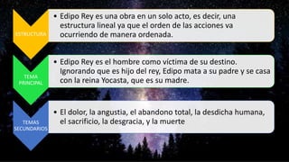 ESTRUCTURA
• Edipo Rey es una obra en un solo acto, es decir, una
estructura lineal ya que el orden de las acciones va
ocurriendo de manera ordenada.
TEMA
PRINCIPAL
• Edipo Rey es el hombre como víctima de su destino.
Ignorando que es hijo del rey, Edipo mata a su padre y se casa
con la reina Yocasta, que es su madre.
TEMAS
SECUNDARIOS
• El dolor, la angustia, el abandono total, la desdicha humana,
el sacrificio, la desgracia, y la muerte
 