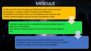 La obra nos da como mensaje que debemos tener como una cosa
primordial en nuestras vidas el respeto, la humildad, la
amabilidad y demostrar como es el verdadero amor hacia la vida
y hacía nuestros padres que son los que nos dieron la vida.
También el gran cariño y compañerismo que se debe tener, no
solo con sus familiares,
Sino que con todas las personas que nos han ayudado alguna
vez.
Sófocles se atribuye una misión profética y se propone
mediante su obra a contribuir con la creación de un mundo
mejor y un mayor cariño hacía nuestros padres.
MENSAJE
 