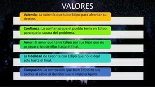Valentía: La valentía que tubo Edipo para afrontar su
destino.
Confianza: La confianza que el pueblo tenía en Edipo
para que lo sacara del problema.
Amor: El amor que tenía Edipo por sus hijas que no
se separarían de ellas hasta el final.
La fidelidad de Creonte con Edipo que no lo dejó
solo hasta el final.
Compasión. La compasión que tuvo Edipo de sus
padres al saber el destino que le impuso Apolo.
VALORES
 