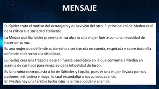 MENSAJE
Eurípides trata el motivo del extranjero y de la visión del otro. El principal rol de Medea es el
de la crítica a la sociedad ateniense.
La Medea que Eurípides presenta en su obra es una mujer fuerte con una necesidad de
hacer oír su voz.
Es una mujer que defiende su derecho a ser tomada en cuenta, respetada y sobre todo ella
defiende el derecho a la visibilidad.
Eurípides crea una tragedia de gran fuerza psicológica en la que convierte a Medea en
asesina de sus hijos para vengarse de la infidelidad de Jasón.
Es la heroina contrapuesta a las de Sófocles y Esquilo, pues es una mujer llevada por sus
pasiones, extranjera y maga, lo cual escandalizó a sus conciudadanos.
En Medea hay una terrible lucha interna entre el poder y el amor.
 