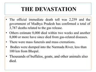 THE DEVASTATION
• The official immediate death toll was 2,259 and the
government of Madhya Pradesh has confirmed a total of
3,787 deaths related to the gas release.
• Others estimate 8,000 died within two weeks and another
8,000 or more have since died from gas-related diseases.
• There were mass funerals and mass cremations.
• Bodies were dumped into the Narmada River, less than
100 km from Bhopal.

• Thousands of buffalos, goats, and other animals also
died.

 